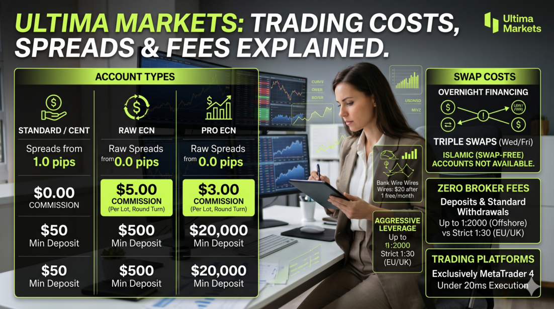 Reporte de Ultima Markets de Spread (diferencial), costo de swap, tarifas de financiamiento y otras comisiones