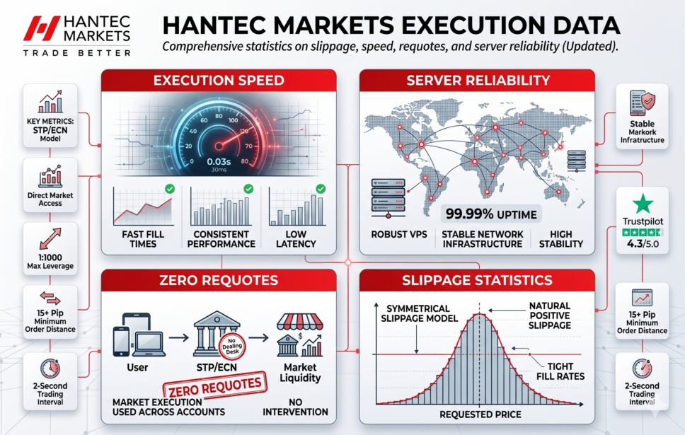 Reporte de Hantec Markets de : Velocidad de ejecución, deslizamiento (slippage), rechazo de órdenes/recotizaciones (requotes), etc.